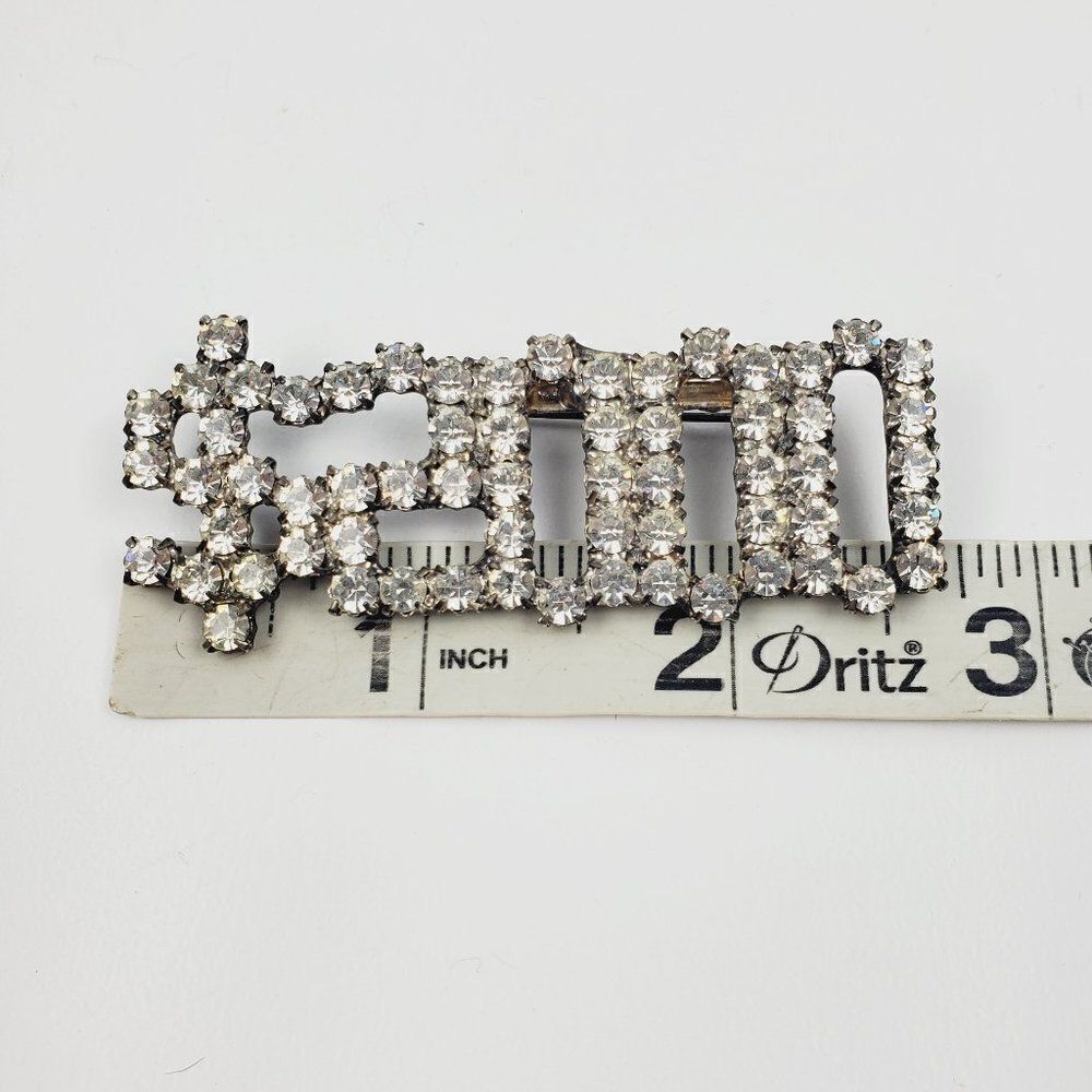 Vtg $ Dollar Sign Year 2000 Y2K Clear Sparkly Crystal Rhinestone Brooch Pin Long - Picture 7 of 8
